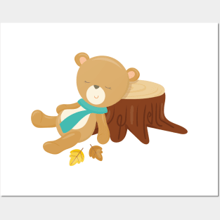 Autumn Bear, Cute Bear, Sleeping Bear, Tree Stump Posters and Art